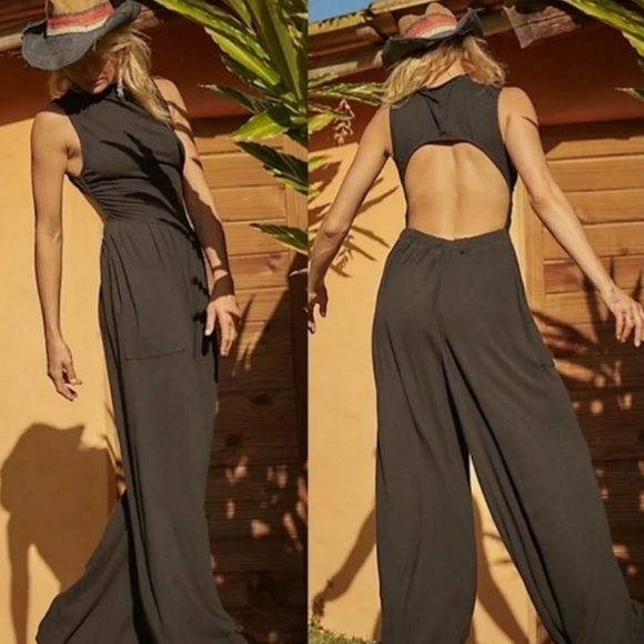 Free People Pants - Free People Beach Dream Jumpsuit Black Open Back Wide Leg Size Large NWT